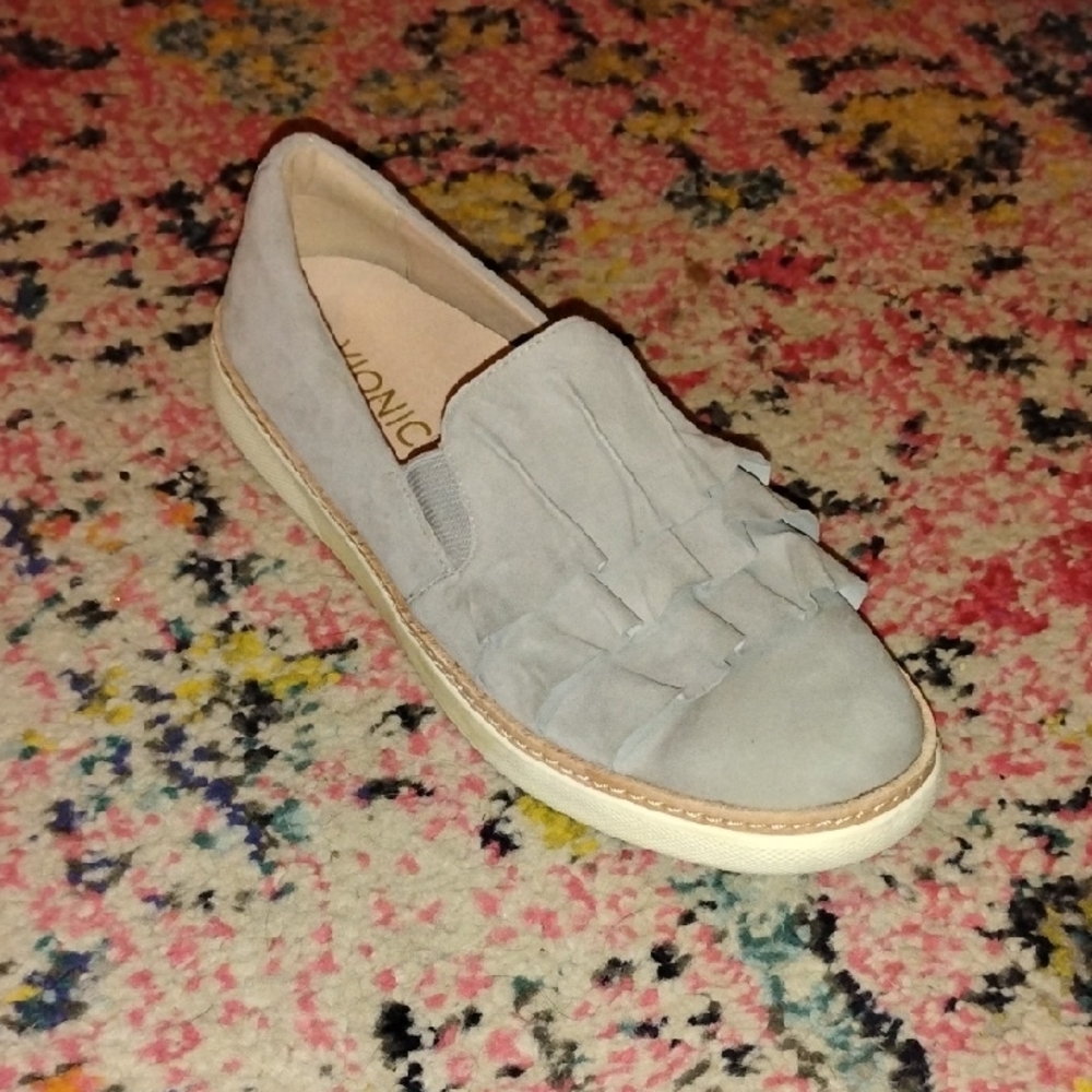 Vionic Light Gray Suede Fringe Slip-On Loafers - Picture 3 of 6